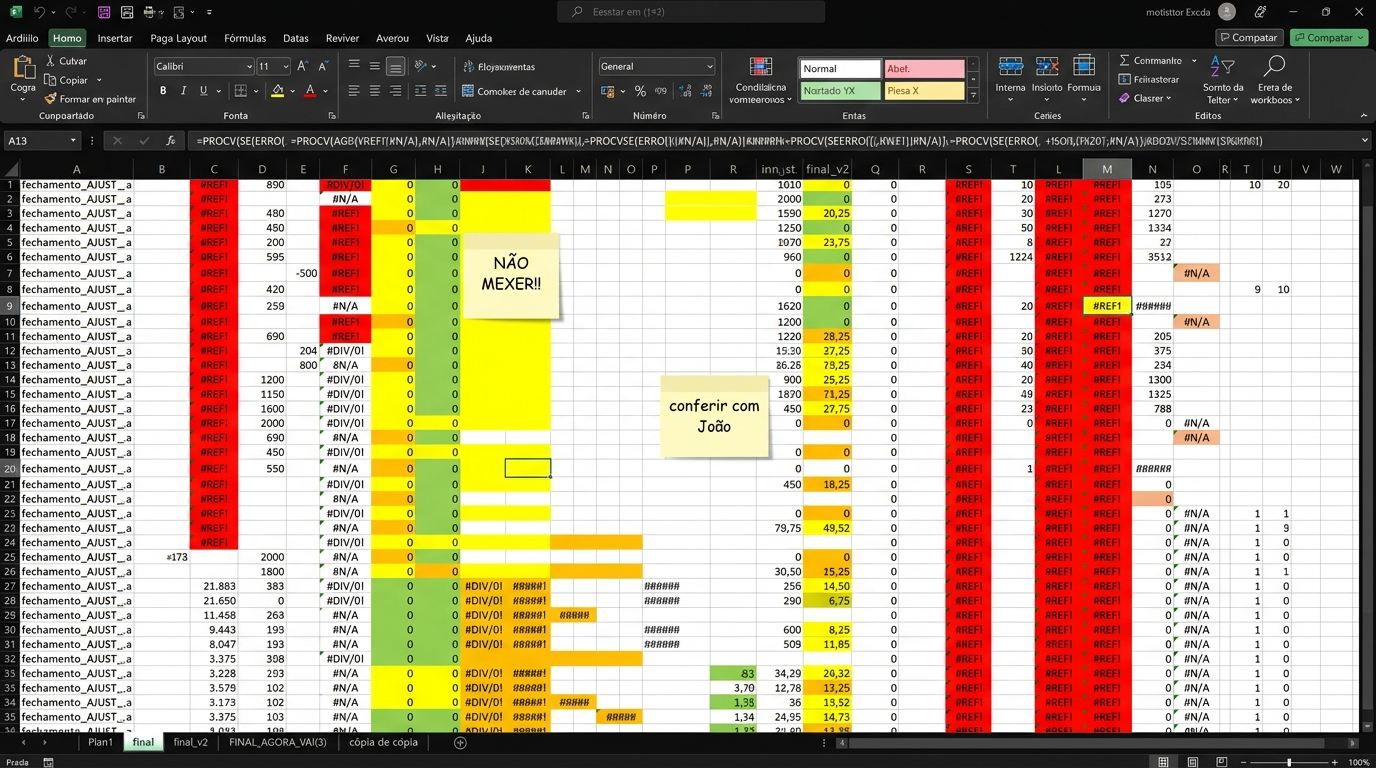 Planilha Excel caótica: erros #REF! e #DIV/0!, células coloridas sem padrão, pós-its de 'não mexer' e abas final_v2, cópia de cópia